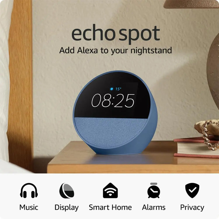 Echo Spot (newest gen), Smart alarm clock with vibrant sound + Alexa, Black