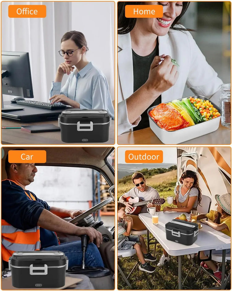 Electric Lunch Box, 3 in 1 12/24/220V Thermal Lunch Box, 1.8L Large Container Lunch Box Adults, Heat Box with Cutlery and Insulated Lunch Bag for Car, Household, Office, Black