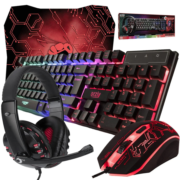 White Gaming Keyboard and Mouse and Gaming Headset & Mouse Pad, Wired LED RGB Backlight Bundle for PC Gamers Users - 4 in 1 White Edition Hornet RX-250