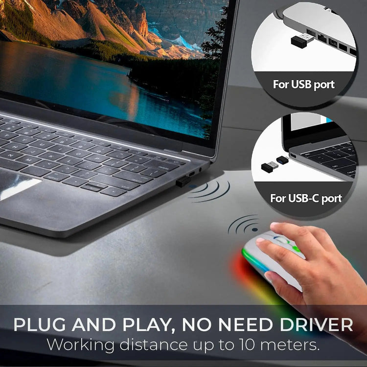 Wireless Mouse for Laptop With 2 USB A to USB C Adapter, 2.4GHZ Bluetooth Mouse Rechargeable, US B Mouse 3 Buttons-Laptop Mouse Wireless PC Mous e 800 to 2400 Dpi, Lapto p Mouse Computer Accessories