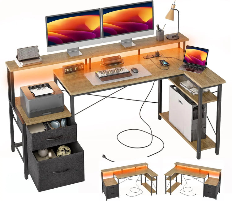 BEXEVUE L Shaped Gaming Desk, 100x70 cm Computer Desk with Storage Bag, Office Desk Small Writing Table with Large Reversible Storage Shelves, Workstation for Study Play Work Home Office, Black