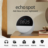 Echo Spot (newest gen), Smart alarm clock with vibrant sound + Alexa, Black