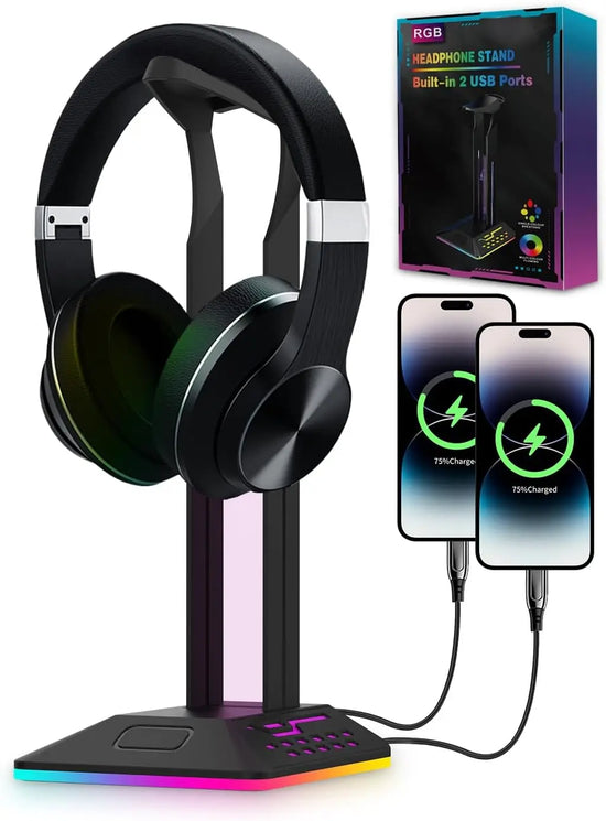 RGB Headphone Stand, Gaming Accessories Headset Stand, 2 USB & 1 Type-C Ports, LED Headset Holder for PC Gamer Headphone Accessories, Gift for Birthday, Boys, Christmas