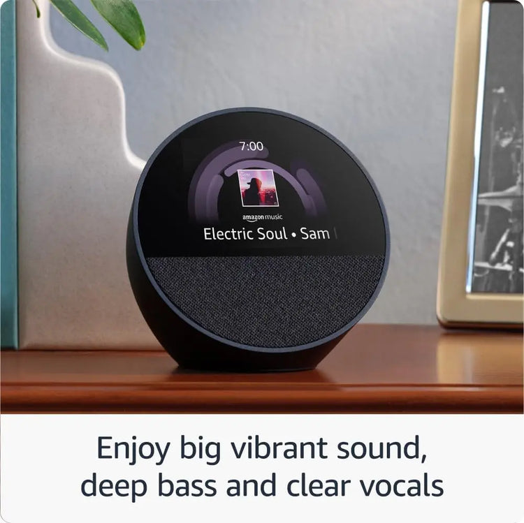 Echo Spot (newest gen), Smart alarm clock with vibrant sound + Alexa, Black