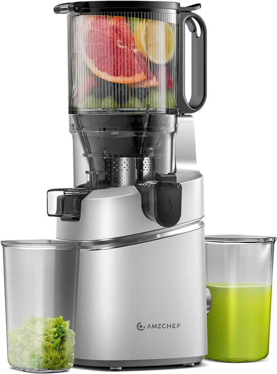 AMZCHEF Automatic Cold Press Juicer Machines 250W Liberate Your Hands -145MM Opening and 2L Capacity Slow Juicers for Whole Fruit and Vegetable, with Triple Filter, Safety Lock, Galaxy Silver