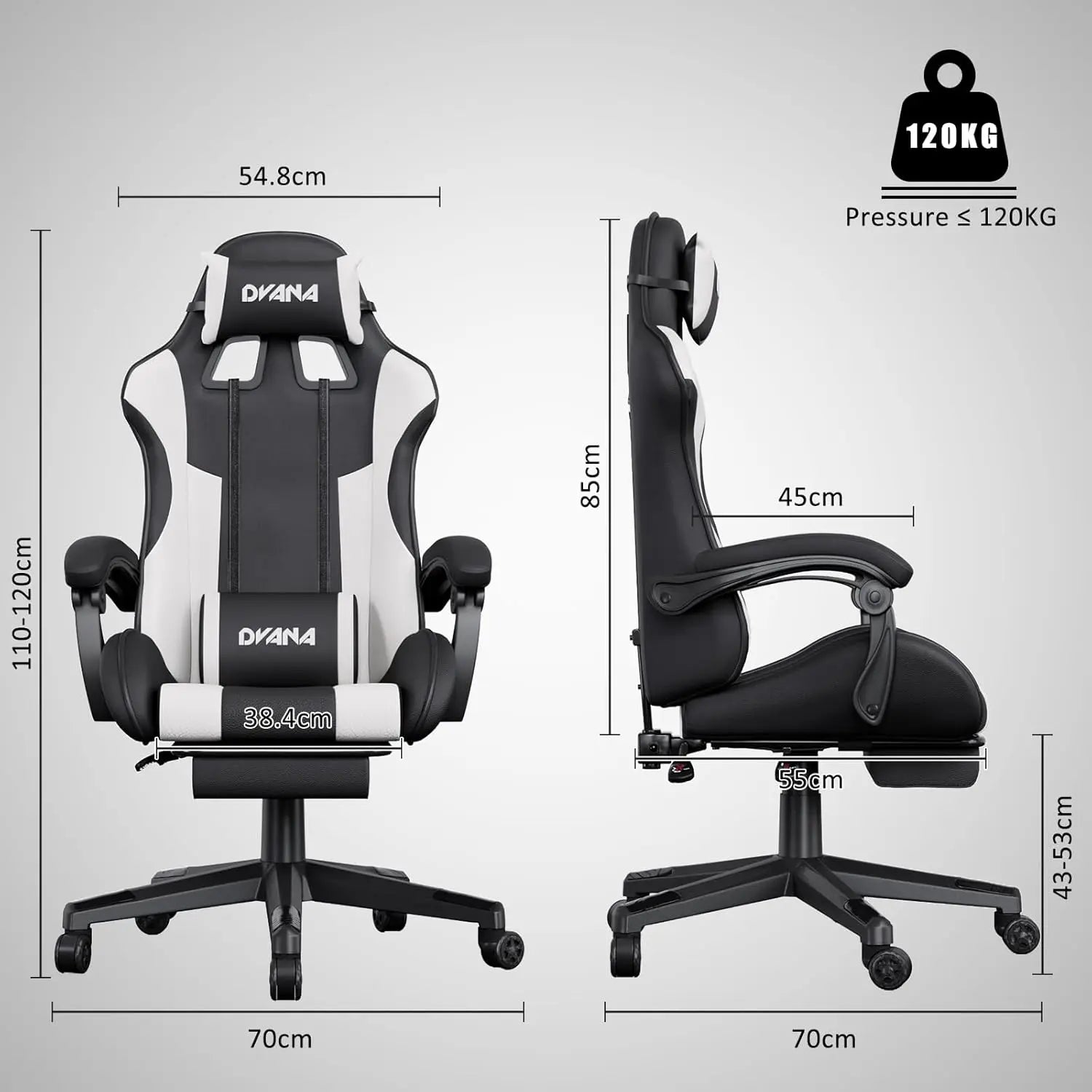 CAIYUN Gaming Chair with Footrest, Computer Gaming Chair for Adults, Ergonomic Vedio Game Chairs with Lumbar Support and Headrest, Height Adjustable PC Chairs with 360°-Swivel, White & Black