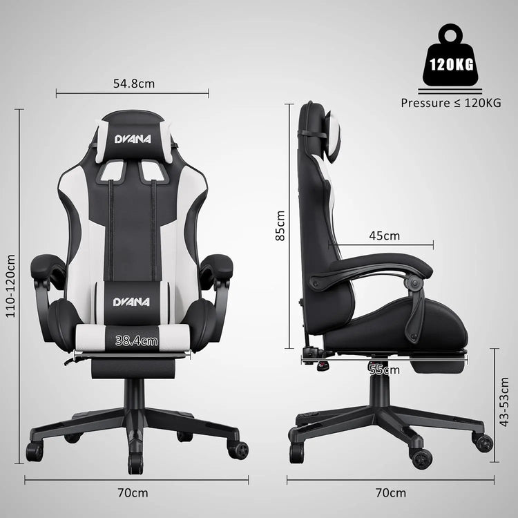 CAIYUN Gaming Chair with Footrest, Computer Gaming Chair for Adults, Ergonomic Vedio Game Chairs with Lumbar Support and Headrest, Height Adjustable PC Chairs with 360°-Swivel, White & Black