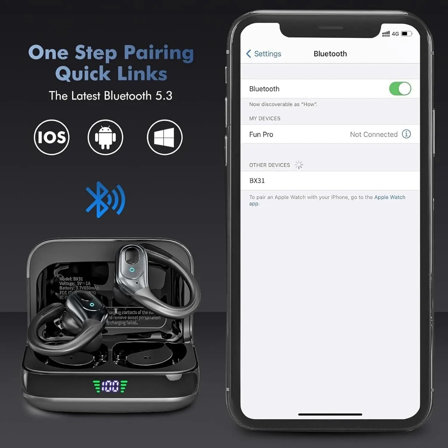 Wireless Headphones, True Wireless Stereo Sound Bluetooth 5.3 Earbuds with LED Power Display, IPX7 Waterproof Open Ear Buds with Ergonomic Earhook, Ideal for Gym, Jogging, Commuting