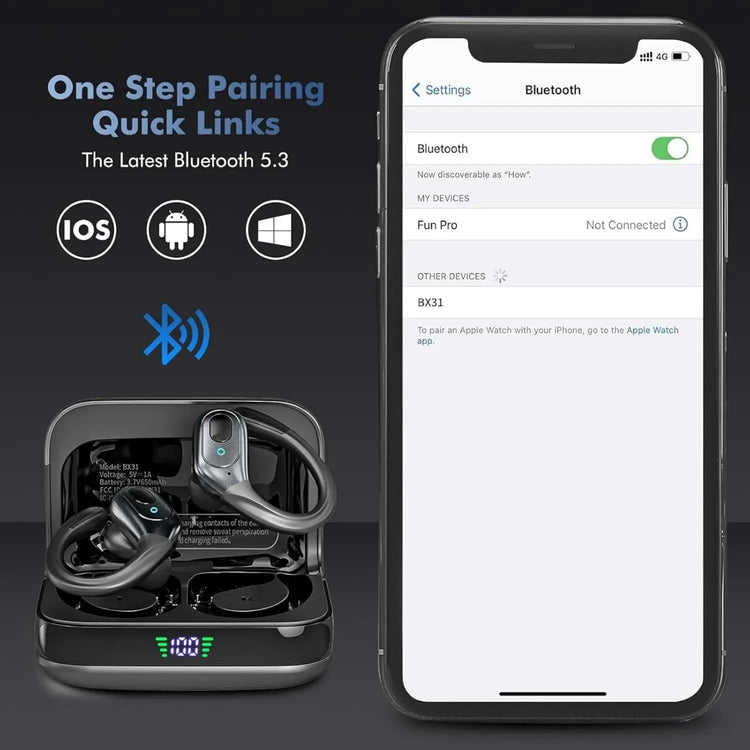 Wireless Headphones, True Wireless Stereo Sound Bluetooth 5.3 Earbuds with LED Power Display, IPX7 Waterproof Open Ear Buds with Ergonomic Earhook, Ideal for Gym, Jogging, Commuting