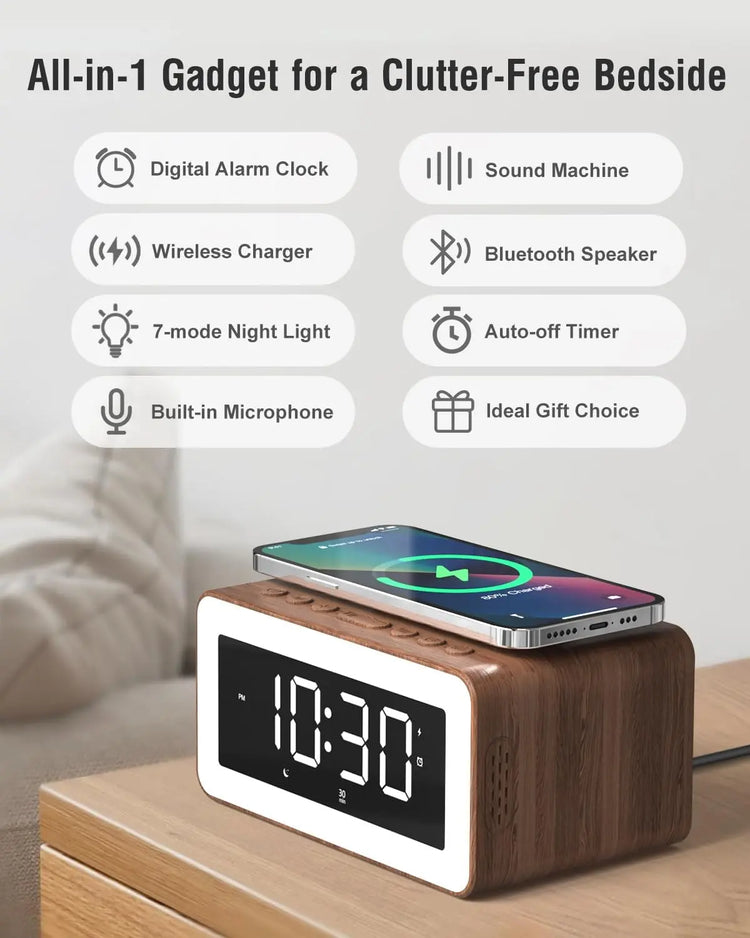 Birthday Gifts for Men – Alarm Clock Bedside with Wireless Charger, Bluetooth Speaker and White Noise Machine, Colourful Night Light, Snooze Digital Alarm, Men Women Teens Him Her Ideal Xmas Gifts