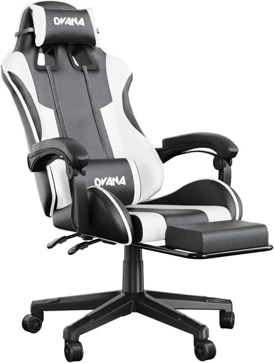 CAIYUN Gaming Chair with Footrest, Computer Gaming Chair for Adults, Ergonomic Vedio Game Chairs with Lumbar Support and Headrest, Height Adjustable PC Chairs with 360°-Swivel, White & Black