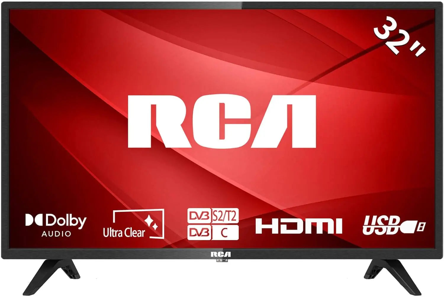 RCA 32 Inch 720P TV, Freeview HD Dolby Digital Audio DVB T2/S2 HD LED Backlighting Display Television, HDMI USB Earphone Output Media Player Monitor PS5 Xbox, Small Screen for Bedroom Kitchen Black