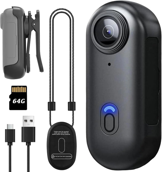 1080P Mini Thumb Action Camera, Portable Vlogging Camera, Wearable Small Body Camera, Hands-Free POV Video Recorder for Motorcycle, Bike, Work, Travel, Pet Walking (64GB Basic Kit, Black)