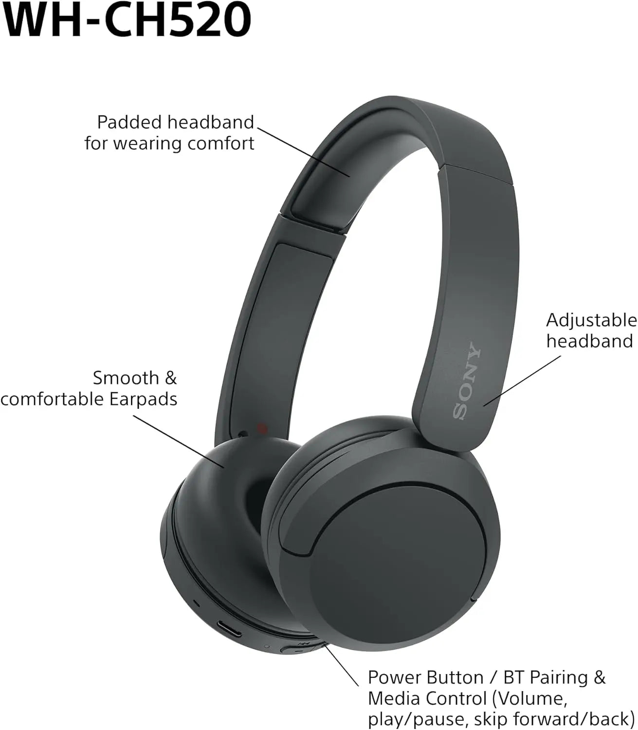 Sony WH-CH520 Wireless Bluetooth On-Ear Headphones, Lightweight Design, Up to 50hr Battery Life, Quick Charge, EQ, Clear Call Quality, iOS & Android - Black