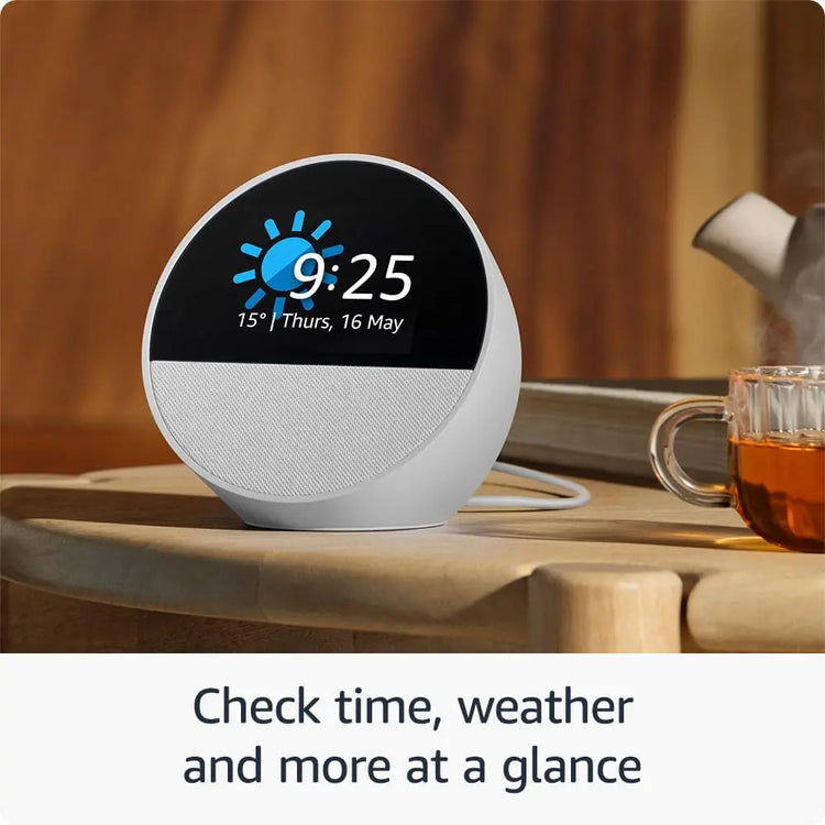 Echo Spot (newest gen), Smart alarm clock with vibrant sound + Alexa, Black