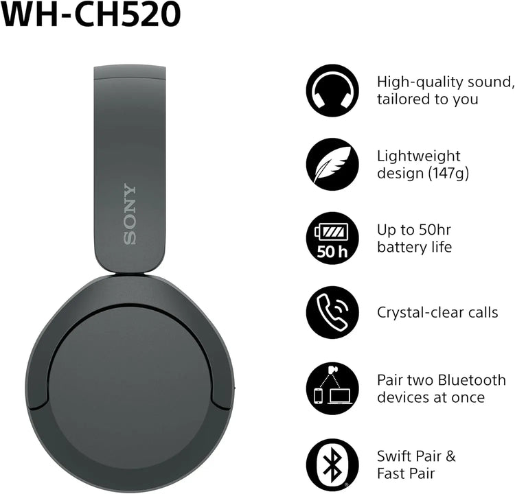 Sony WH-CH520 Wireless Bluetooth On-Ear Headphones, Lightweight Design, Up to 50hr Battery Life, Quick Charge, EQ, Clear Call Quality, iOS & Android - Black