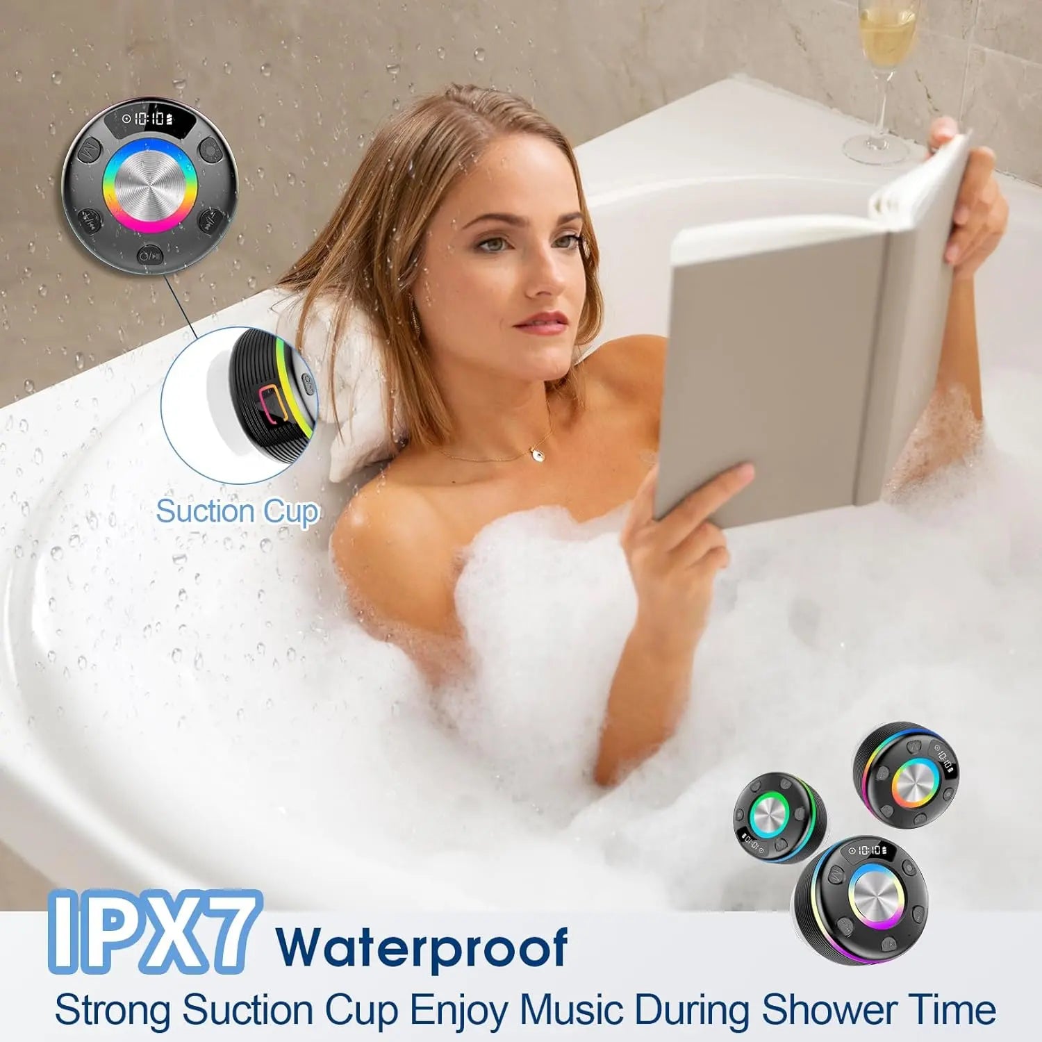 OYIB Bluetooth Shower Speaker, Portable Bluetooth Speaker with 360° Surround Sound, RGB Lights, Built-in Mic, IPX7 Waterproof Wireless Speaker with Suction Cup for Party/Outdoor/Bathroom/Travel Black