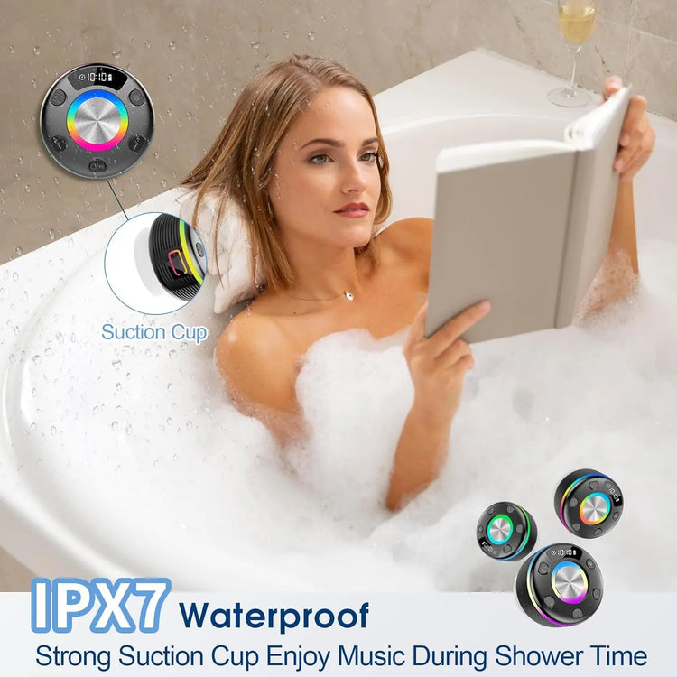 OYIB Bluetooth Shower Speaker, Portable Bluetooth Speaker with 360° Surround Sound, RGB Lights, Built-in Mic, IPX7 Waterproof Wireless Speaker with Suction Cup for Party/Outdoor/Bathroom/Travel Black
