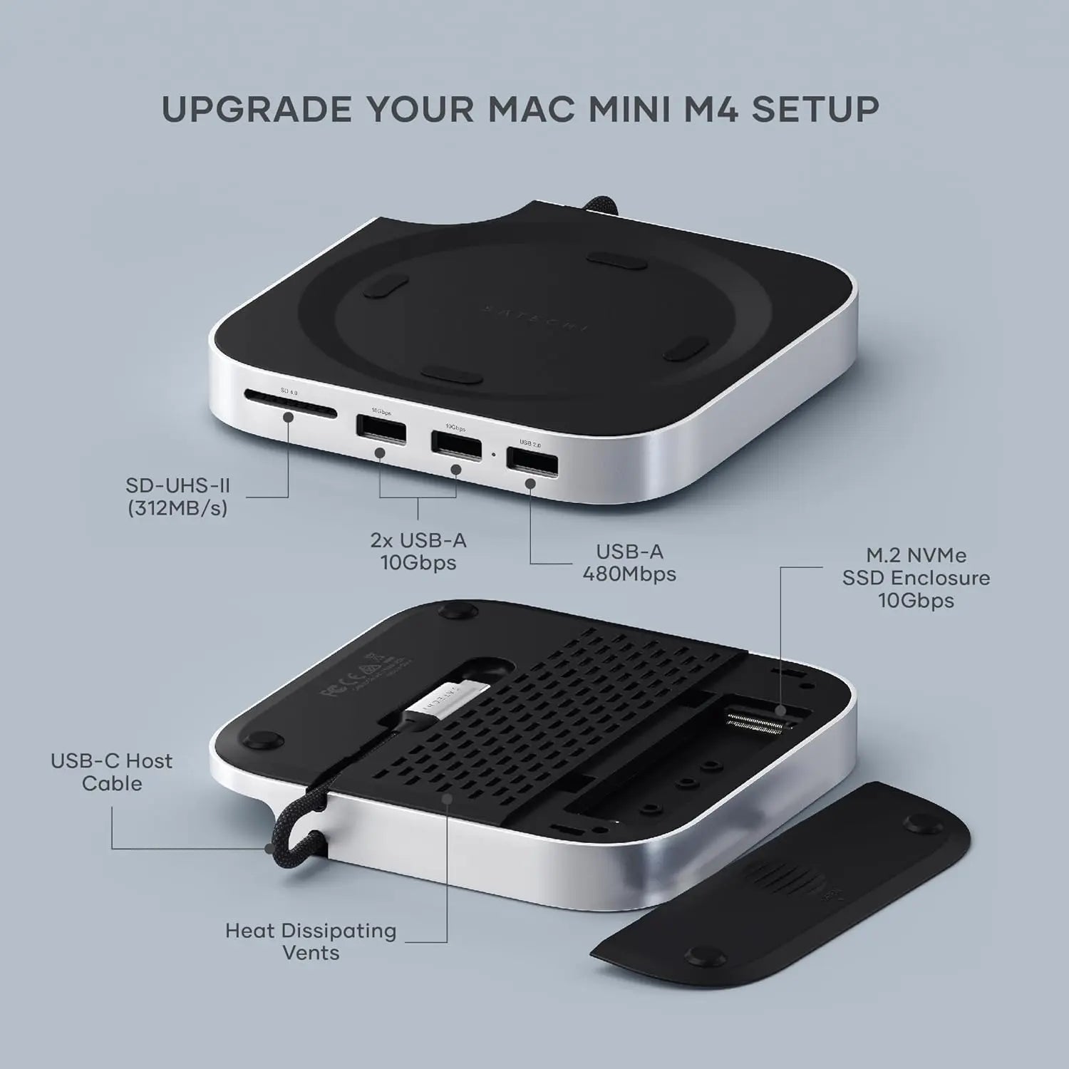 SATECHI Mac Mini M4 Hub & Stand with NVMe SSD Enclosure, Dock with 2 USB-A Up to 10Gbps Ports, USB-A Data Port, SD Card Reader for Mac Mini M4, M4 Pro - Silver