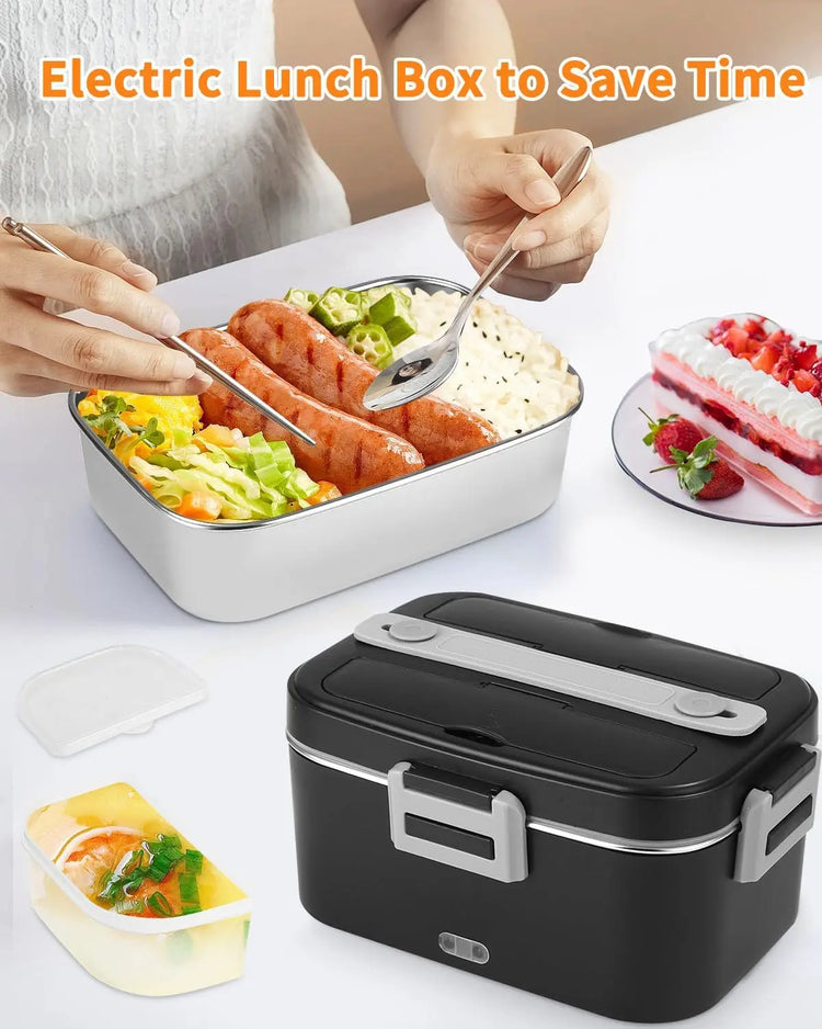 Electric Lunch Box, 3 in 1 12/24/220V Thermal Lunch Box, 1.8L Large Container Lunch Box Adults, Heat Box with Cutlery and Insulated Lunch Bag for Car, Household, Office, Black