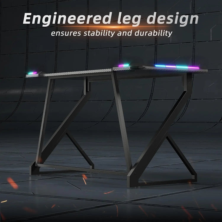 BEXEVUE Gaming Desk with LED Armor, 100x50 cm RGB Computer Desk with Carbon Fiber and Z Frame Design Gaming PC Desk with Head Phone Hook for E-sport Gamer Table, Easy Assemble Home Office desk, Black