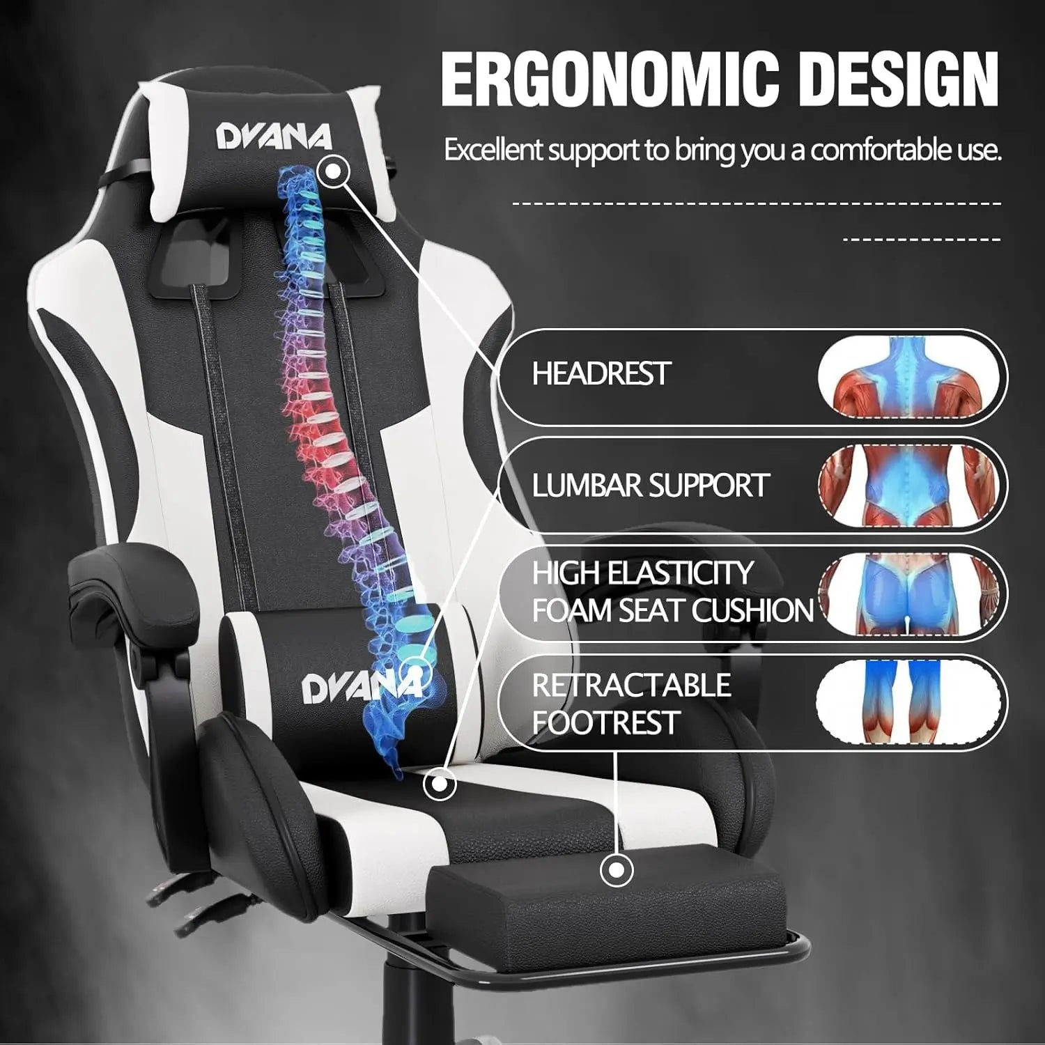CAIYUN Gaming Chair with Footrest, Computer Gaming Chair for Adults, Ergonomic Vedio Game Chairs with Lumbar Support and Headrest, Height Adjustable PC Chairs with 360°-Swivel, White & Black