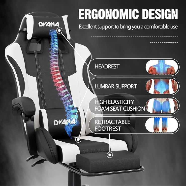 CAIYUN Gaming Chair with Footrest, Computer Gaming Chair for Adults, Ergonomic Vedio Game Chairs with Lumbar Support and Headrest, Height Adjustable PC Chairs with 360°-Swivel, White & Black
