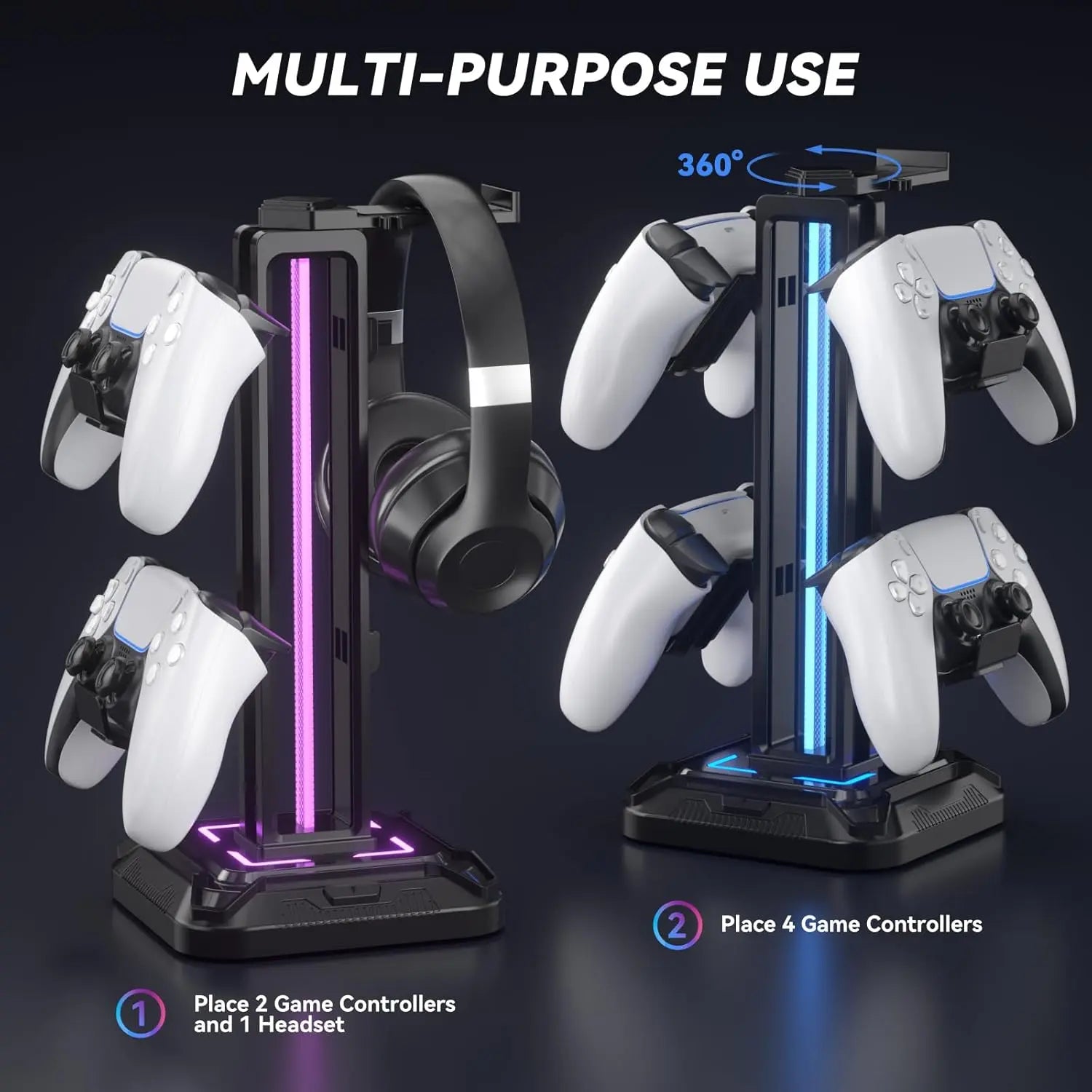 KDD Headset Stand with 9 Light Modes - Gaming Controller Holder for Desk - Rotatable Headphone Stand & Detachable Controller Hook for Gamer Gaming PC Xbox ONE PS5 Earphone Accessories（Black
