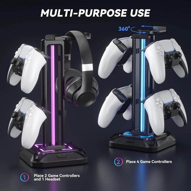 KDD Headset Stand with 9 Light Modes - Gaming Controller Holder for Desk - Rotatable Headphone Stand & Detachable Controller Hook for Gamer Gaming PC Xbox ONE PS5 Earphone Accessories（Black