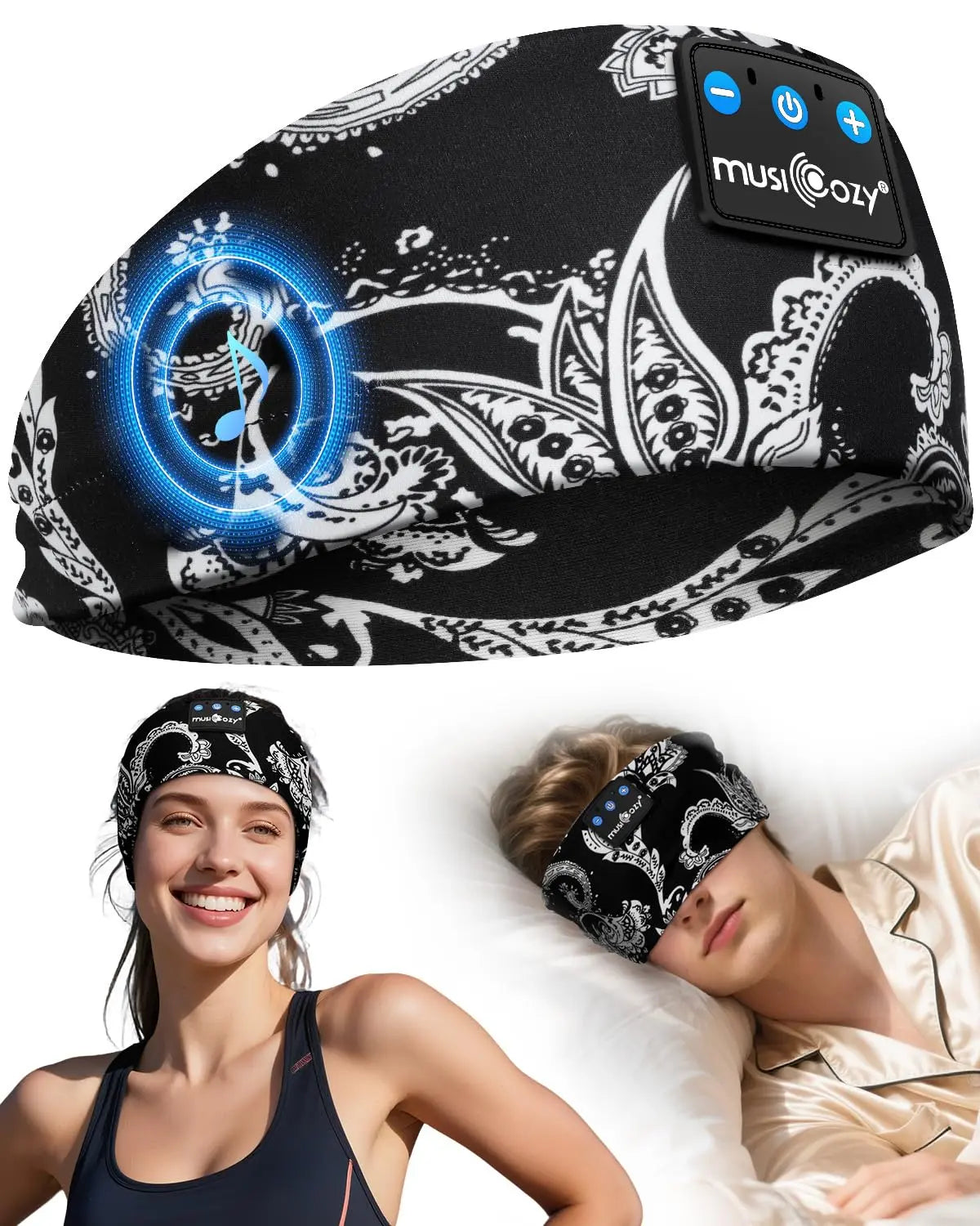 MUSICOZY Sleep Headphones, Comfortable Headband Headphones for Side Sleepers - Bluetooth 5.4 Wireless Headphone with Ultra Thin Speakers for Sleeping,Sport,Travel | Eye Mask Design for Deep Sleep