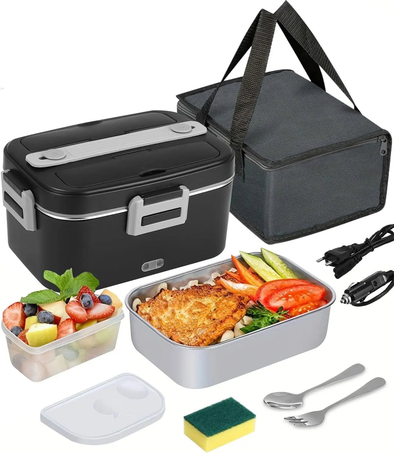 Electric Lunch Box, 3 in 1 12/24/220V Thermal Lunch Box, 1.8L Large Container Lunch Box Adults, Heat Box with Cutlery and Insulated Lunch Bag for Car, Household, Office, Black