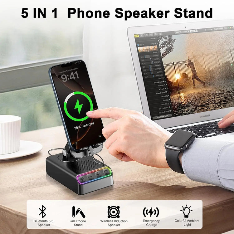 Phone Stand with Bluetooth Speaker with Sensing Playback, Foldable Phone Charger Stand with Wireless Speaker, Birthday Gifts for Men,Gadgets for Men, Sensing and Bluetooth Mode