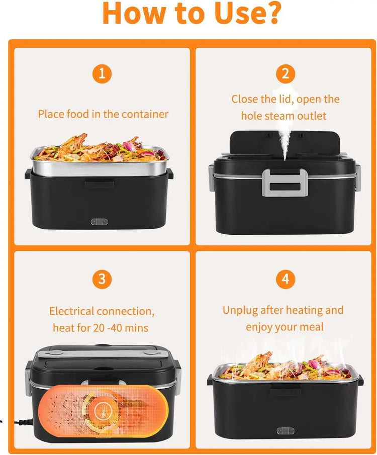 Electric Lunch Box, 3 in 1 12/24/220V Thermal Lunch Box, 1.8L Large Container Lunch Box Adults, Heat Box with Cutlery and Insulated Lunch Bag for Car, Household, Office, Black