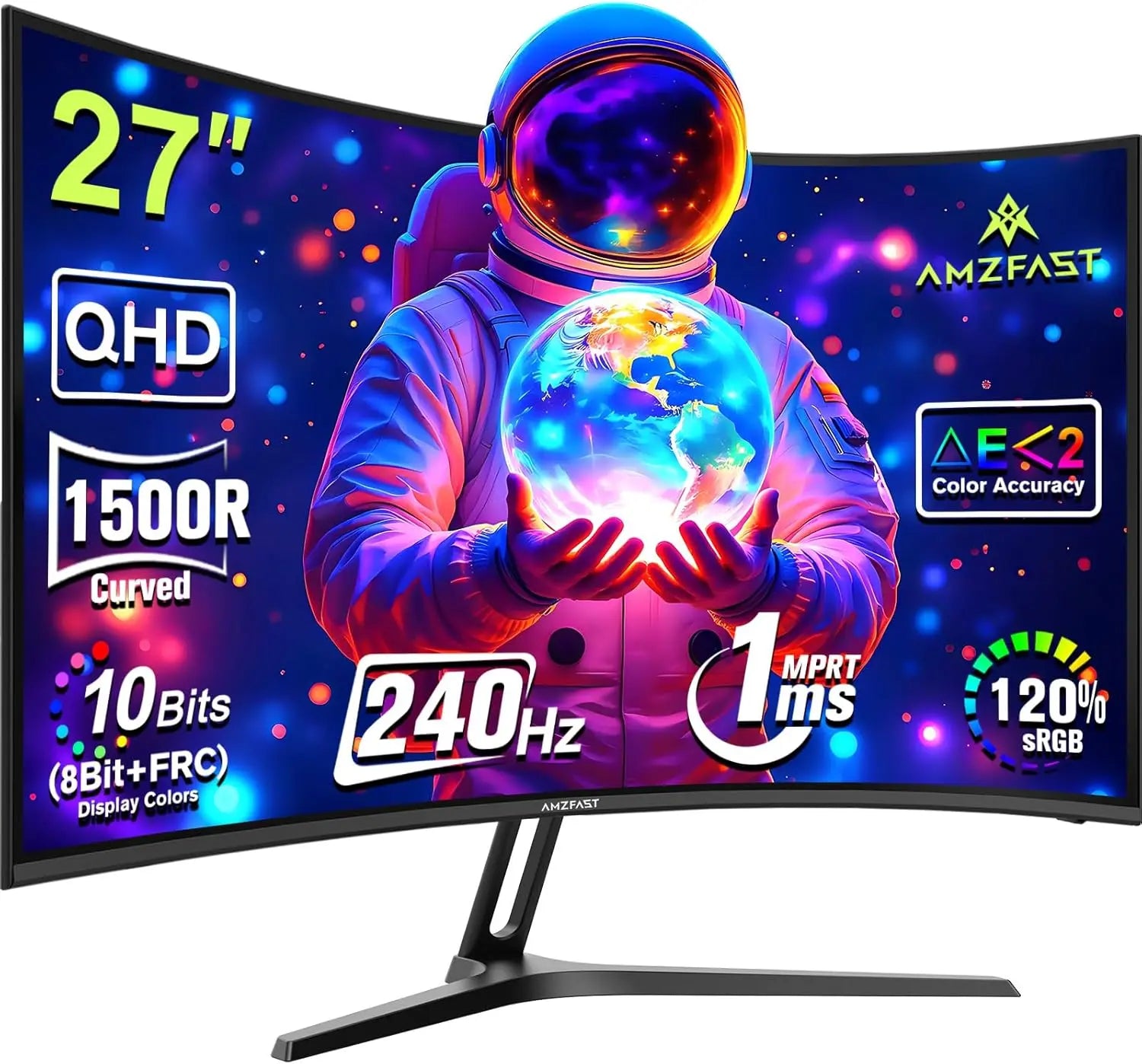 Amzfast 27 Inch 240Hz Gaming Monitor, QHD 2560x1440p, Curved VA Panel, 1500R, 1ms MPRT, Adaptive Sync, HDR, 120% sRGB, VESA 100x100mm, HDMI 2.0&DisplayPort 1.4, AMZG27C1Q Pro
