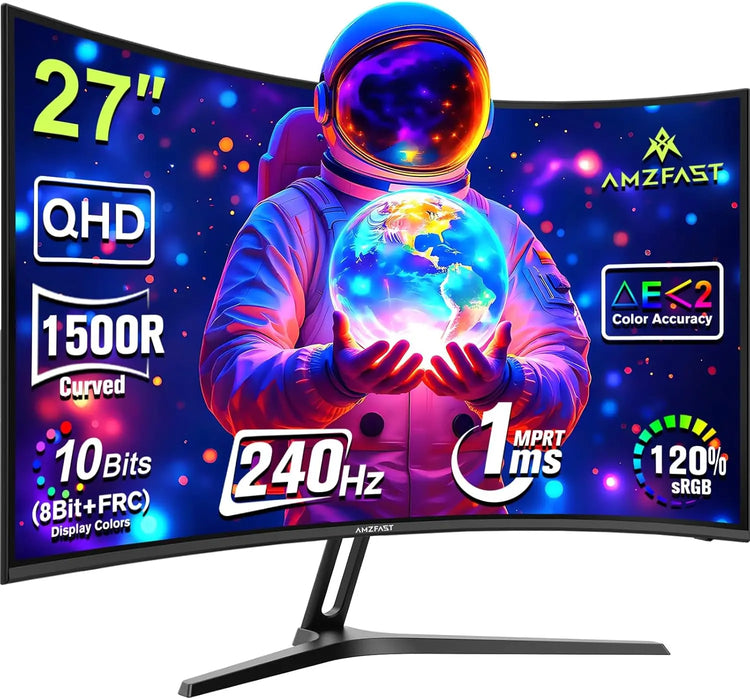 Amzfast 27 Inch 240Hz Gaming Monitor, QHD 2560x1440p, Curved VA Panel, 1500R, 1ms MPRT, Adaptive Sync, HDR, 120% sRGB, VESA 100x100mm, HDMI 2.0&DisplayPort 1.4, AMZG27C1Q Pro