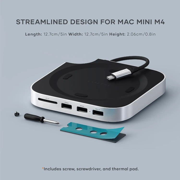 SATECHI Mac Mini M4 Hub & Stand with NVMe SSD Enclosure, Dock with 2 USB-A Up to 10Gbps Ports, USB-A Data Port, SD Card Reader for Mac Mini M4, M4 Pro - Silver
