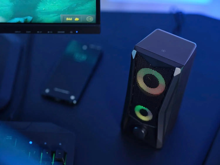 Trust Gaming GXT 606B Javv PC Speakers 2.0 with RGB Lights, 12W (6W RMS), 3.5 mm Jack, Metal Grille, USB Powered Gamer Sound System, Compact Stereo Computer Speakers for Desktop/Laptop - Black