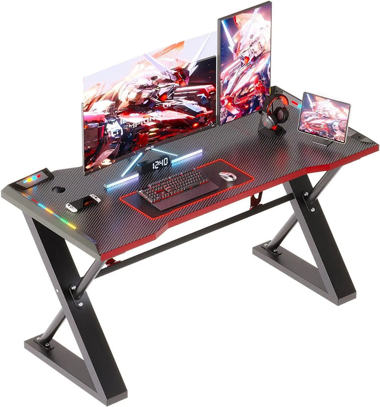 100 * 55 cm Gaming Desk with LED Lights, Gaming Table Thickened Z Shaped, Gamer Desk with Carbon Fiber Coated, Gaming PC Desk, Computer Desk Easy to Assemble, Carbon Fiber Black
