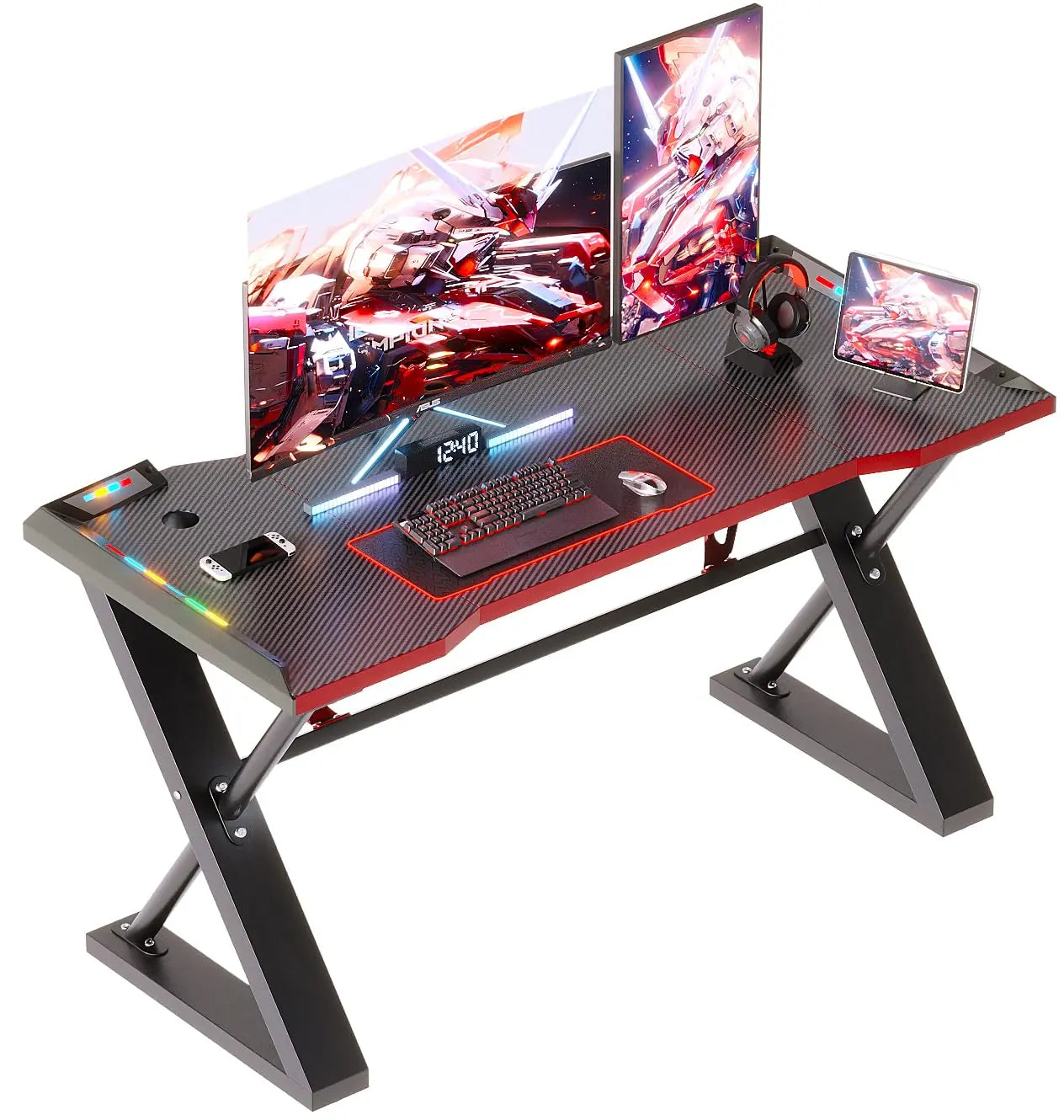 100 * 55 cm Gaming Desk with LED Lights, Gaming Table Thickened Z Shaped, Gamer Desk with Carbon Fiber Coated, Gaming PC Desk, Computer Desk Easy to Assemble, Carbon Fiber Black