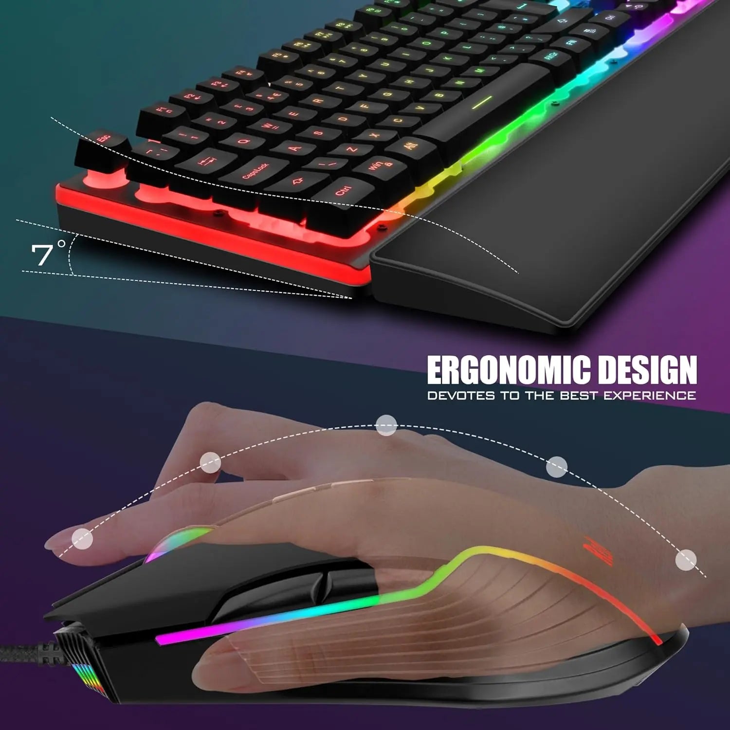RedThunder K10 Wired Gaming Keyboard and Mouse Combo, UK Layout, True RGB Backlight, Soft Leather Wrist Rest, Mechanical Feel Ergonomic Anti-Ghosting Keyboard + 7D 7200 DPI Mouse for PC Mac (Black)