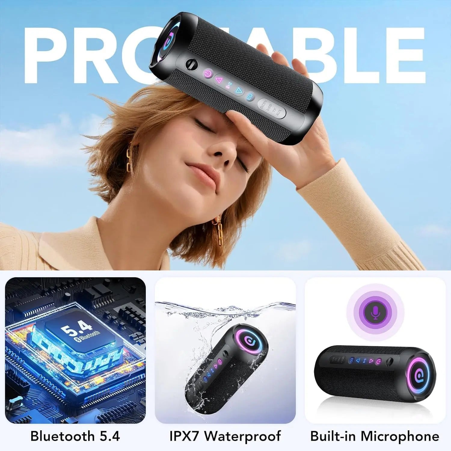 Portable Bluetooth Speaker with 30W Stereo Sound, 3 EQ Mode & 3 RGB lights, IPX7 Waterproof, 24H Playtime, TWS Wireless Pairing, Outdoor Speaker for Home, Outdoors and Hiking