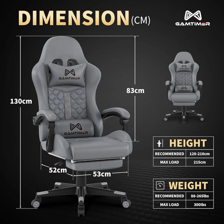 Gaming Chair with Footrest, Ergonomic Computer Chairs, Reclining High Back PU Leather Racing Gamer Chair with Headrest and Lumbar Support, Height Adjustable Video Game Chair for Adult, Gray