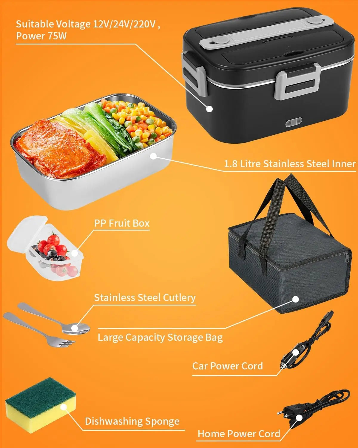 Electric Lunch Box, 3 in 1 12/24/220V Thermal Lunch Box, 1.8L Large Container Lunch Box Adults, Heat Box with Cutlery and Insulated Lunch Bag for Car, Household, Office, Black