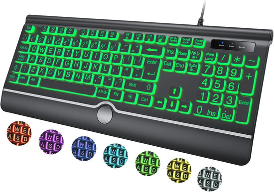 Large Print Backlit Computer Keyboard, 7-Color Backlit Key board with Wrist Rest, USB Plug-and-Play, Oversize Letters Keys Easy to See and Type, Wired Light Up Keyboard for Laptop, PC, Gaming (Large)