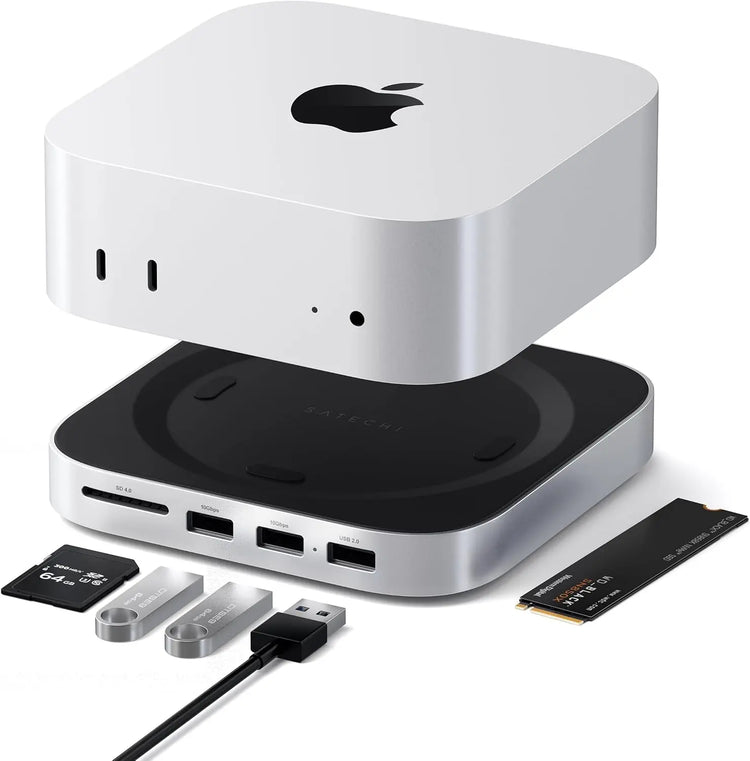 SATECHI Mac Mini M4 Hub & Stand with NVMe SSD Enclosure, Dock with 2 USB-A Up to 10Gbps Ports, USB-A Data Port, SD Card Reader for Mac Mini M4, M4 Pro - Silver
