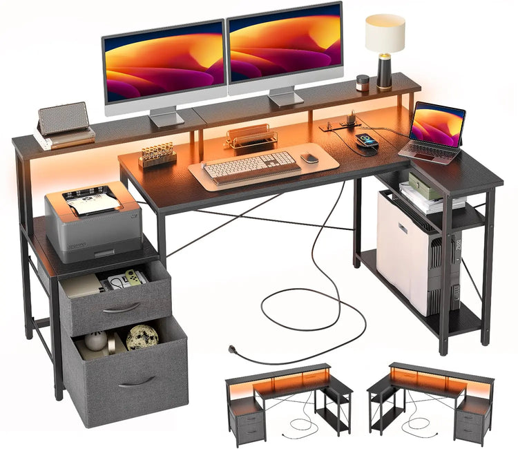 BEXEVUE L Shaped Gaming Desk, 100x70 cm Computer Desk with Storage Bag, Office Desk Small Writing Table with Large Reversible Storage Shelves, Workstation for Study Play Work Home Office, Black