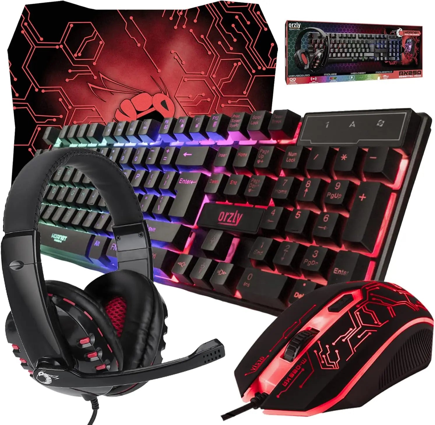Gaming Keyboard and Mouse and Mouse pad and Gaming Headset, Wired LED RGB Backlight Bundle for PC Gamers Users - 4 in 1 Gift Box Edition Hornet RX-250