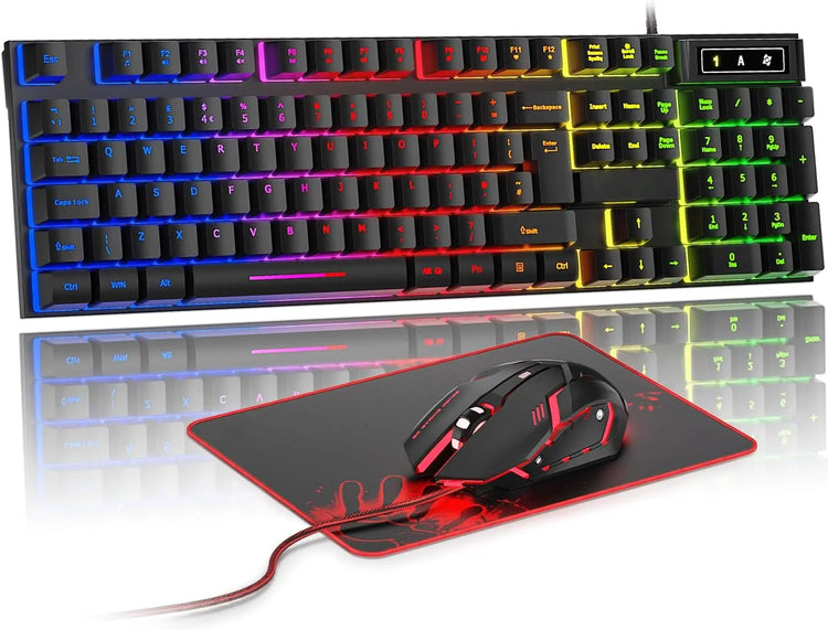 Gaming Keyboard and Mouse Set, UK Layout, RGB Backlit Wired Keyboard, Ergonomic 4-Color LED Gaming Mouse, Large Mousepad, USB Plug & Play for PC, Mac, PS4, Xbox