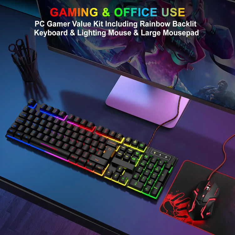 Gaming Keyboard and Mouse Set, UK Layout, RGB Backlit Wired Keyboard, Ergonomic 4-Color LED Gaming Mouse, Large Mousepad, USB Plug & Play for PC, Mac, PS4, Xbox