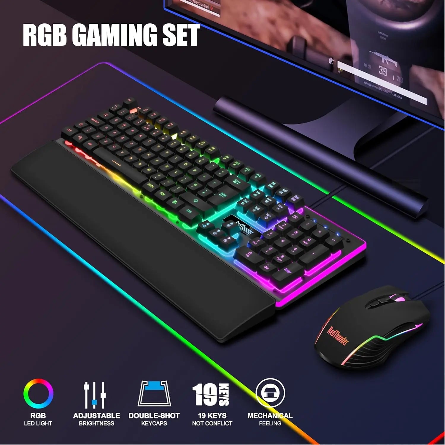 RedThunder K10 Wired Gaming Keyboard and Mouse Combo, UK Layout, True RGB Backlight, Soft Leather Wrist Rest, Mechanical Feel Ergonomic Anti-Ghosting Keyboard + 7D 7200 DPI Mouse for PC Mac (Black)